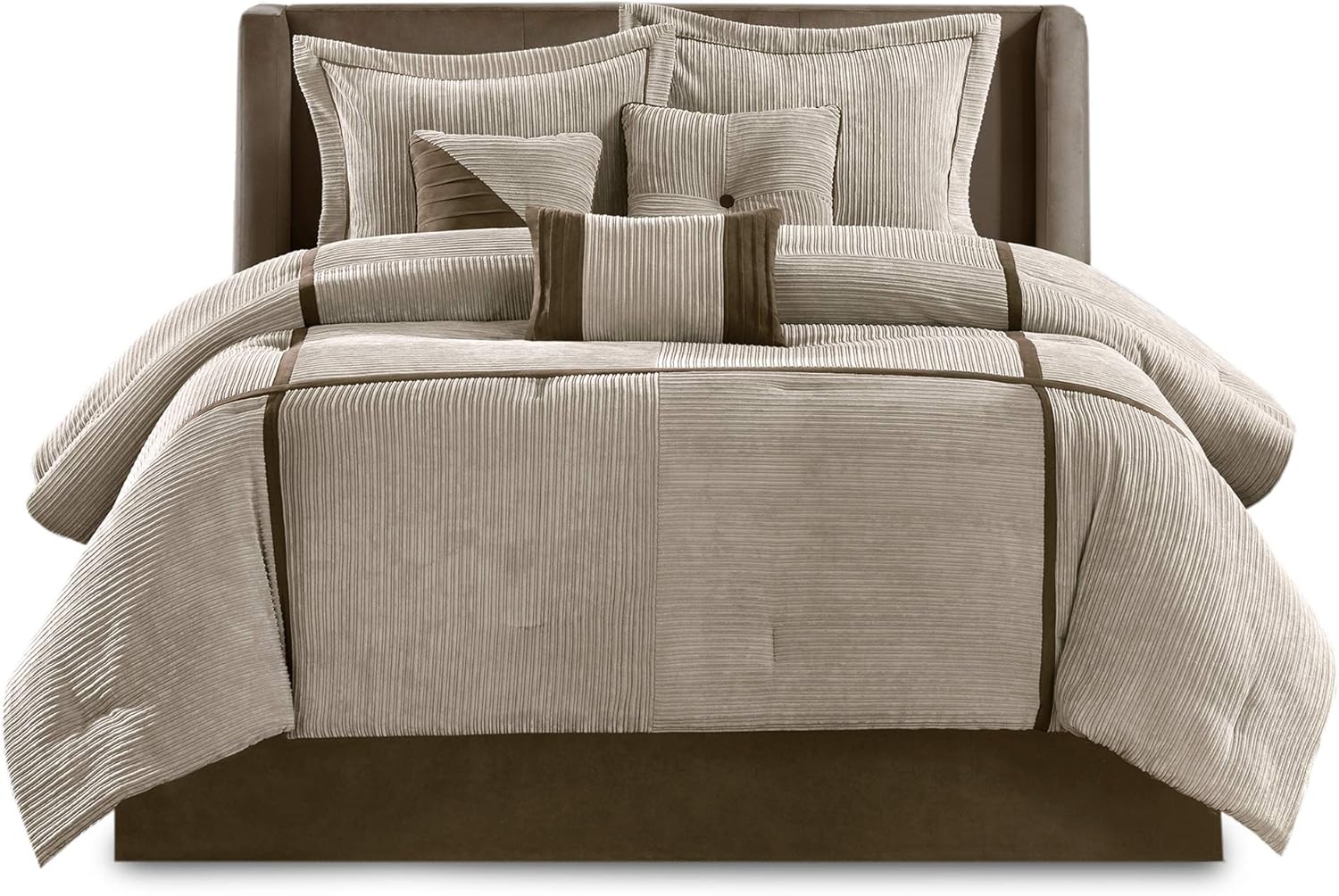Queen Madison Park Cozy Comforter Set Casual Blocks Design All Season, Matching Bed Skirt, Decorative Pillows, Dallas Corduroy, Taupe Brown, 7 Piece